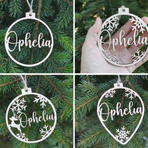 Personalized name CHRISTMAS Wooden BAUBLES, Ideal Gifts Personalized name snowflake Holiday ornament Laser Cut Ornaments
