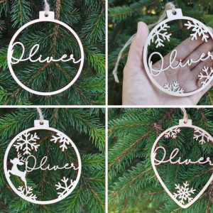 Custom Name CHRISTMAS baubles set Personalized name ornaments, Wooden hangings PERSONALISED gift, Laser cut snowflakes