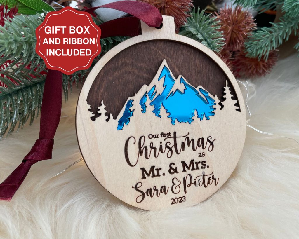 First Christmas Married Ornament 2023 with blue mountains Oriole Design
